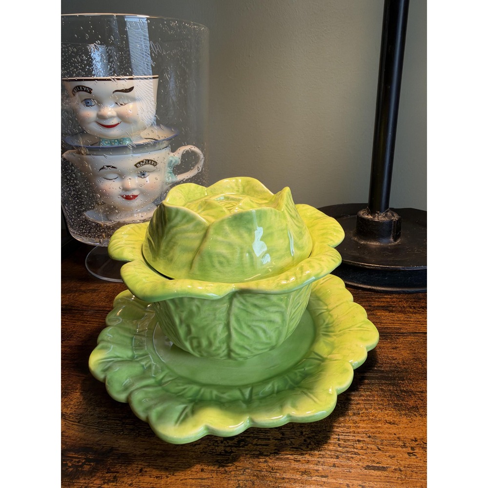 Vintage Holland Mold Cabbage Tureen Lid Underplate Green Ceramic Lettuce Ware 3p